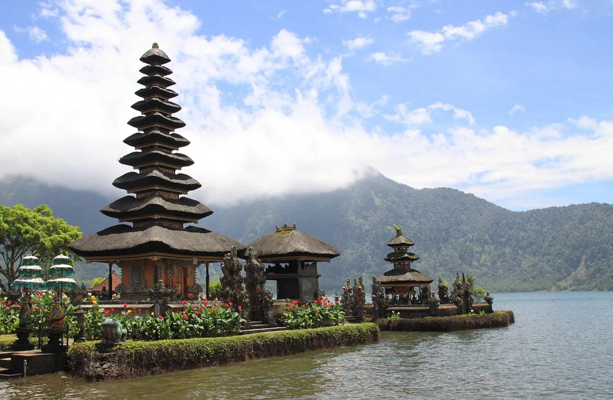 pagoda, temple, lake, travel, architecture, water, religion, shrine, sky, pavilion, outdoors, traditional, the culture, tourism, journey, asia, bali, indonesia,