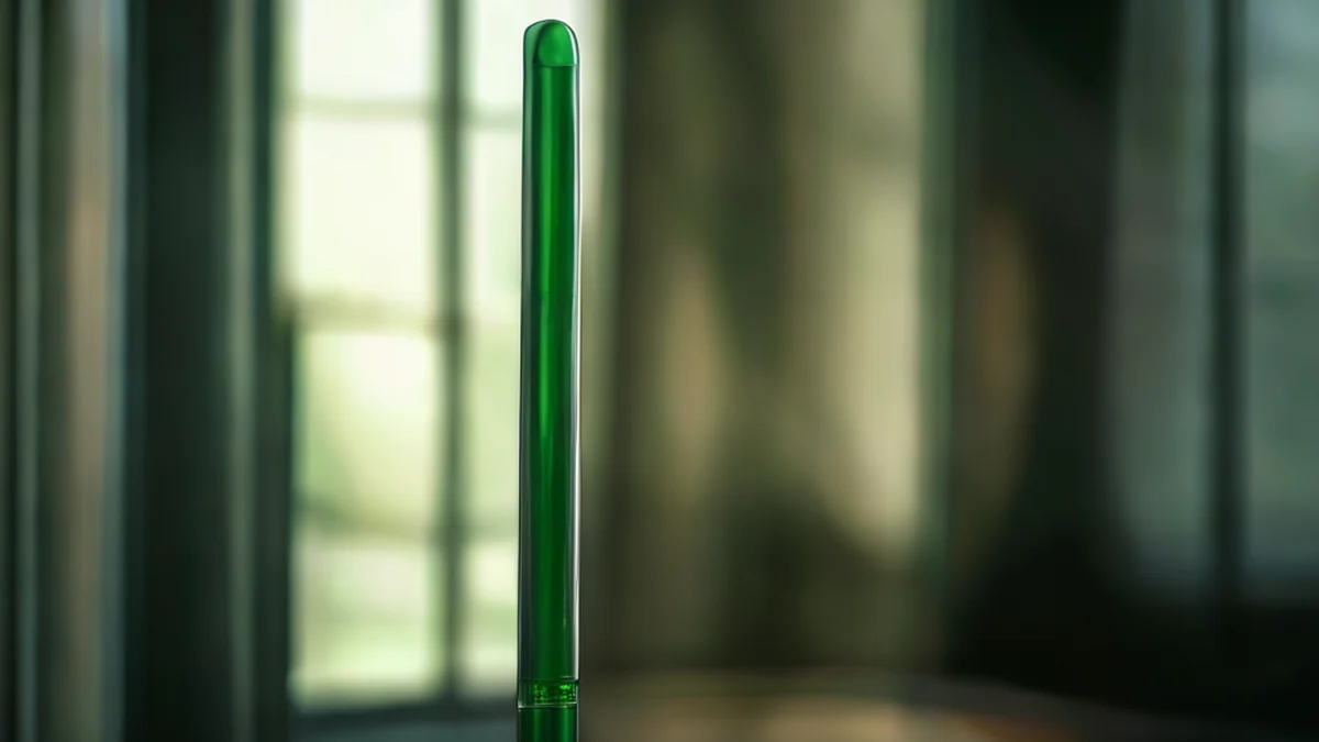 Palo de fibra de carbono, verde y liso, punta verde bajo luz suave, lente 35mm, profundidad de campo suave, fotorealista, enfoque neto, detalles altos